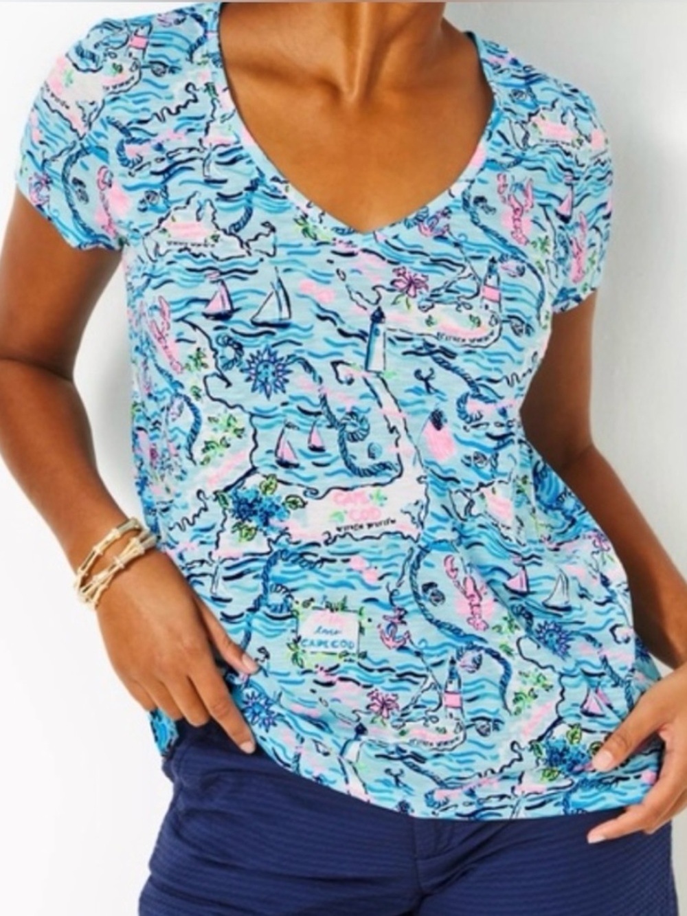 Lilly Pulitzer Women XXS Bali Blue Lilly Loves Cape Cod Etta V-Neck Top NWT